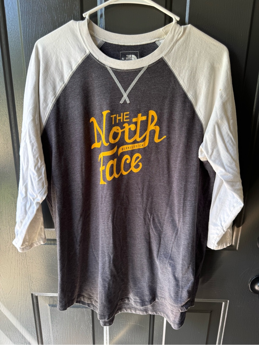 The North Face Charcoal and Cream Raglan Tee with Yellow Logo